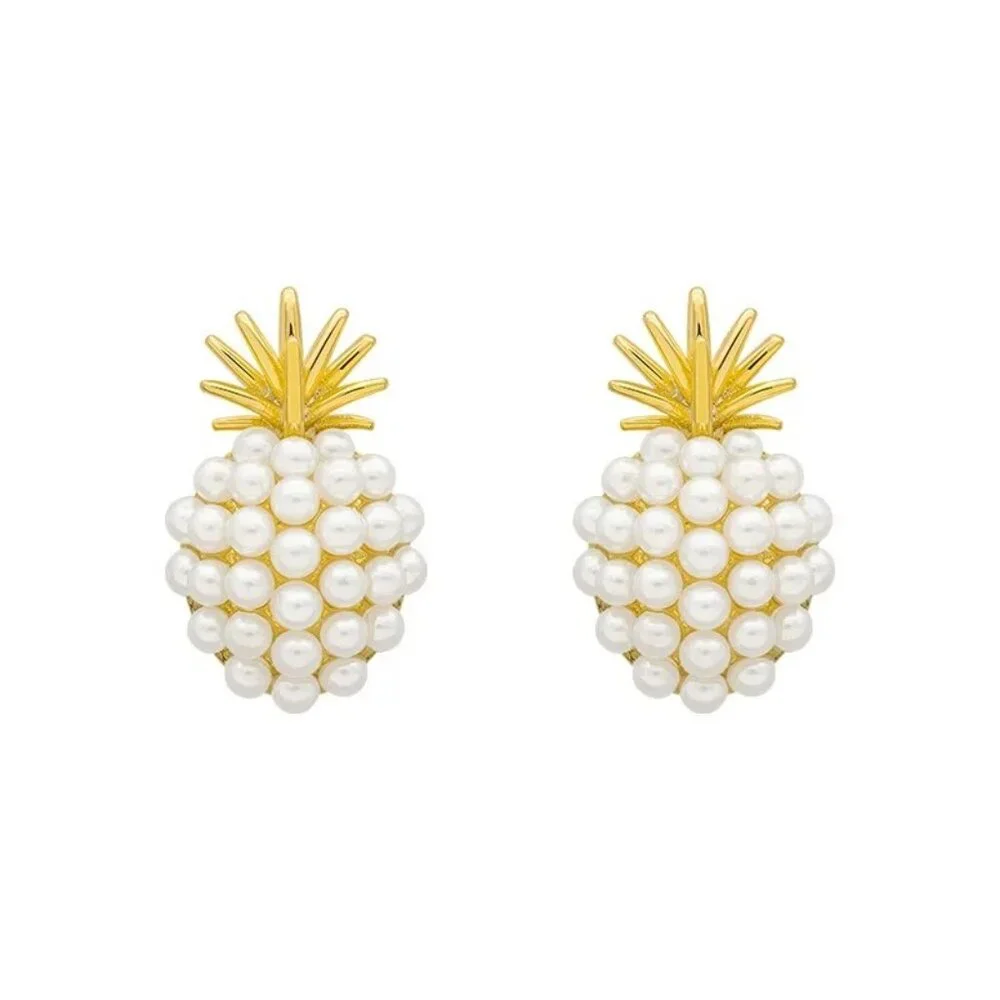 3/$35 NEW Pineapple Earrings Post Gold Tone Pearl Tropical Beach Vacation - Picture 4 of 9